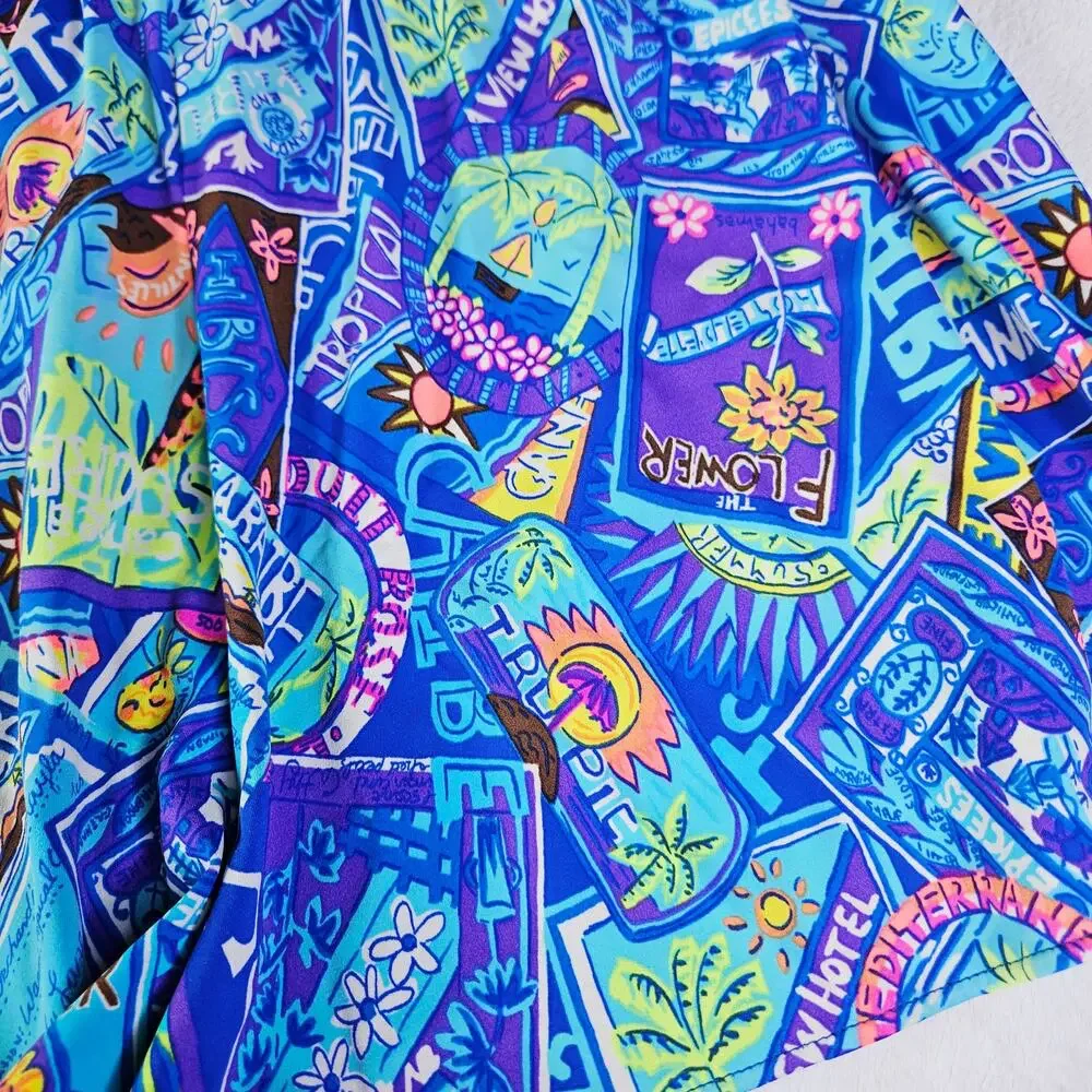 Vintage Lands End Travel Shorts Loose Fitting Blue Destination print Size XL